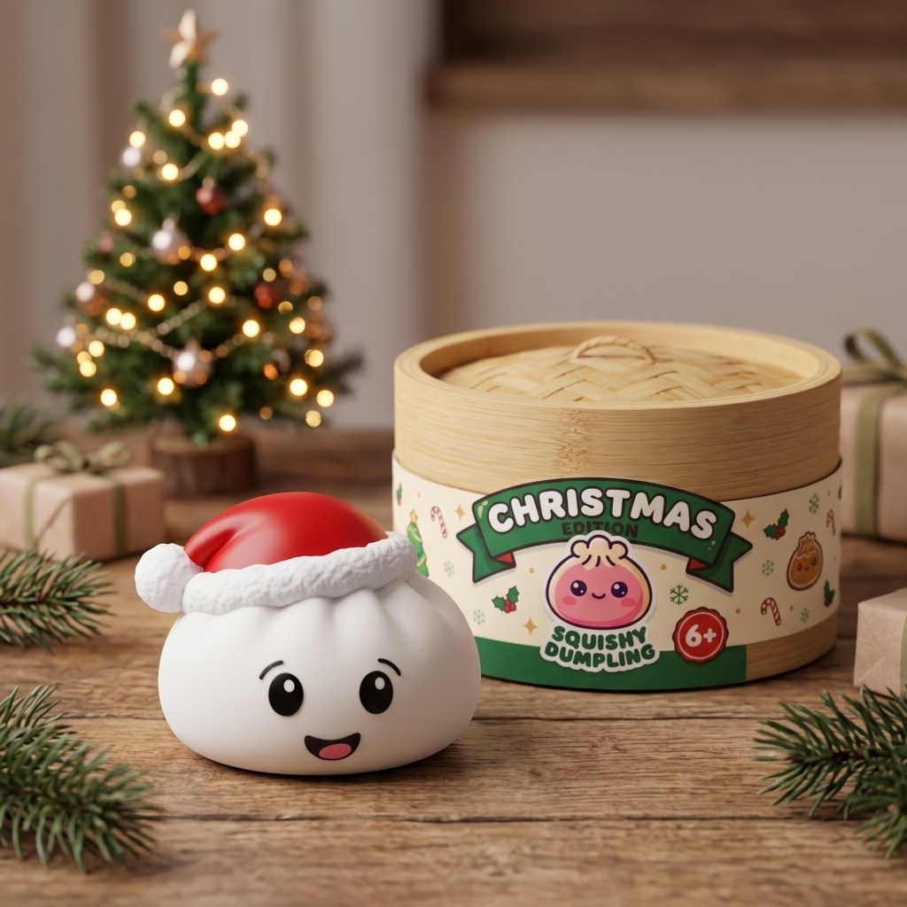 White Christmas Hat Dumpling Squishy in its kawaii setting