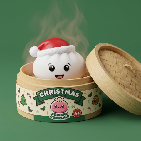 White Christmas Hat Dumpling Squishy in its bamboo steamer box
