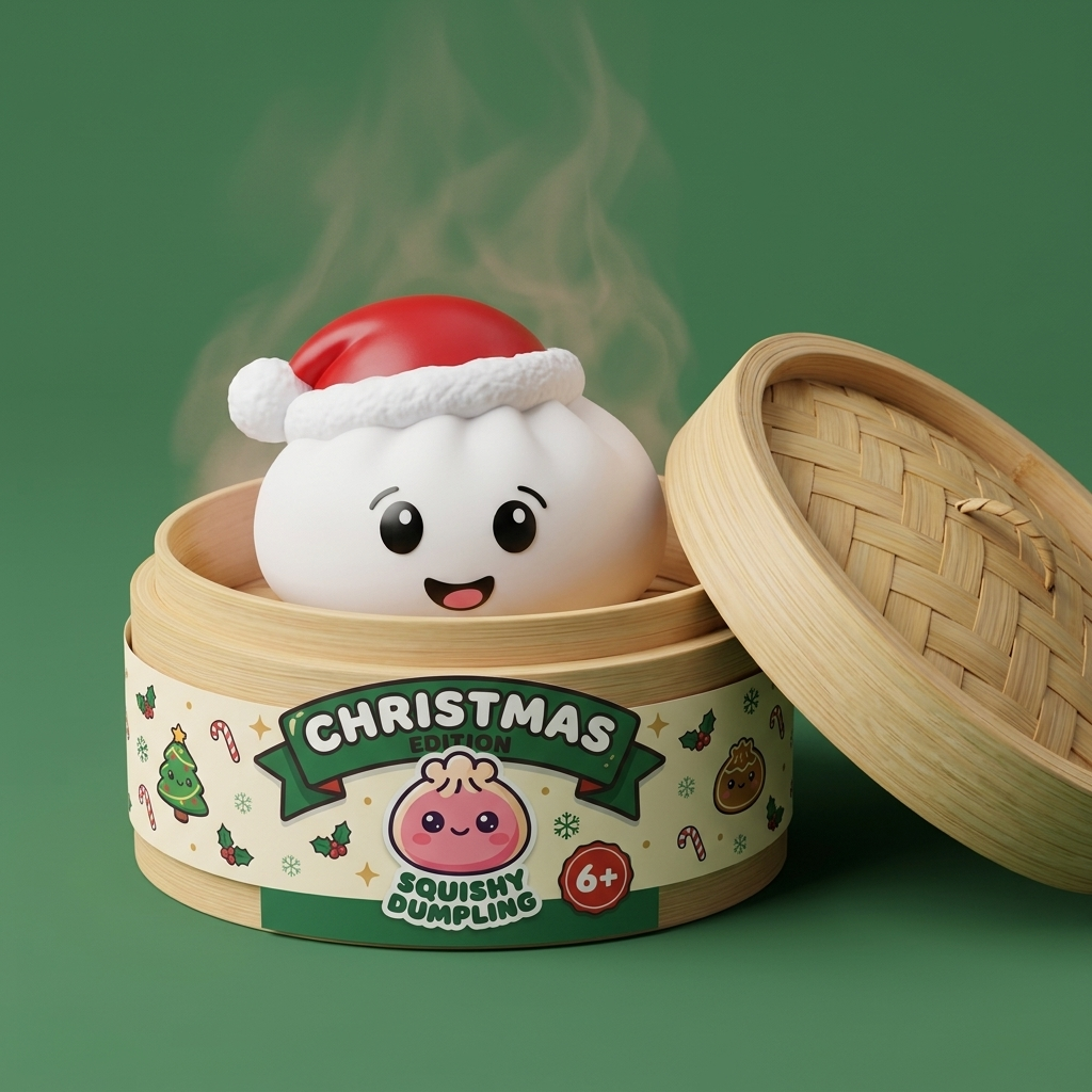 White Christmas Hat Dumpling Squishy in its bamboo steamer box