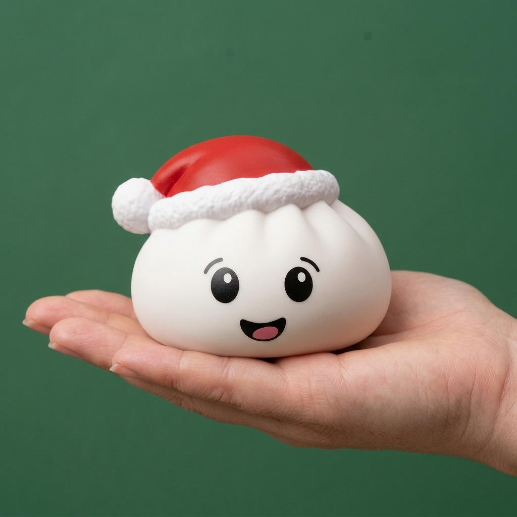 White Christmas Hat Dumpling Squishy held in hand, actual size
