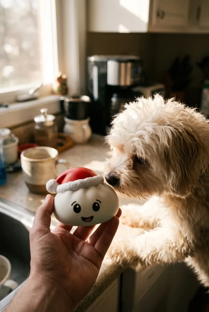 White Christmas Hat Dumpling Squishy with a plush friend