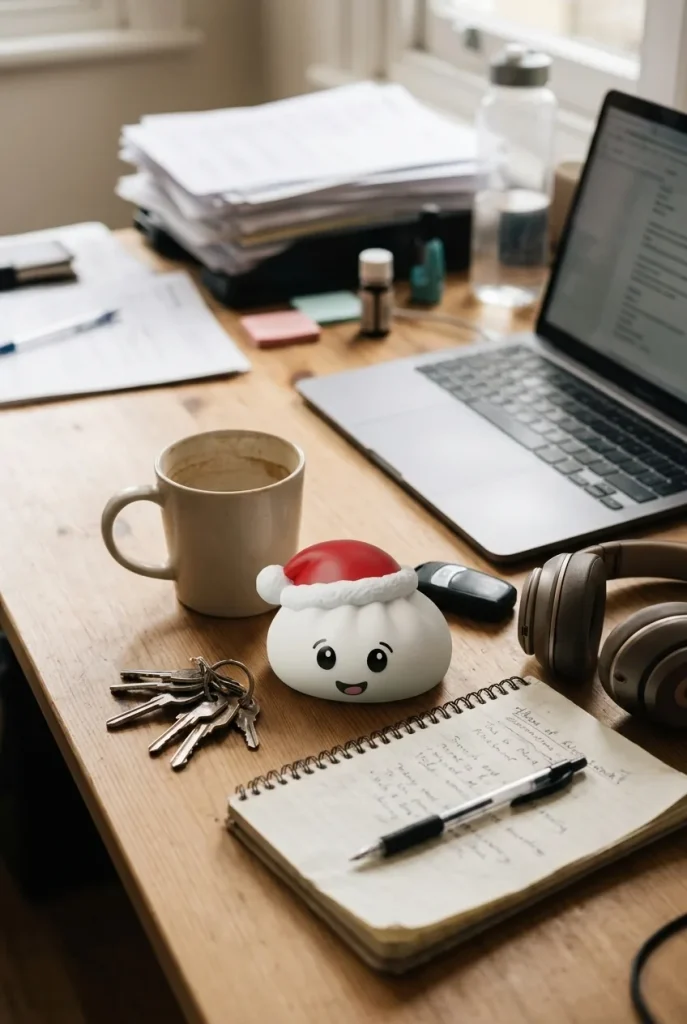 White Christmas Hat Dumpling Squishy on the desk