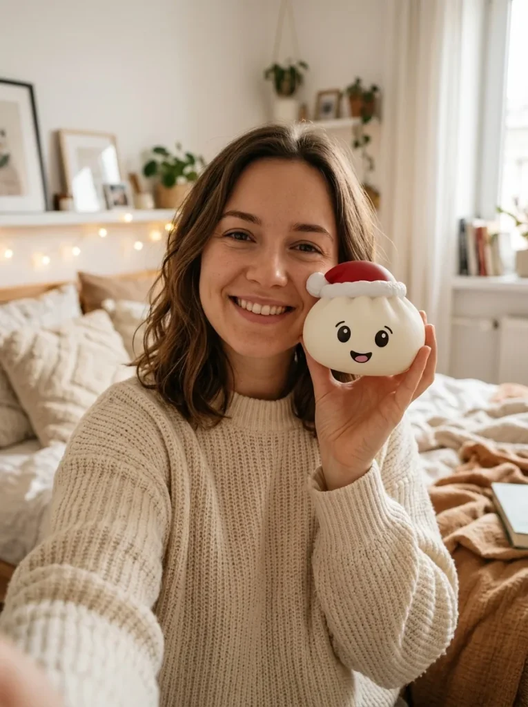White Christmas Hat Dumpling Squishy in everyday life