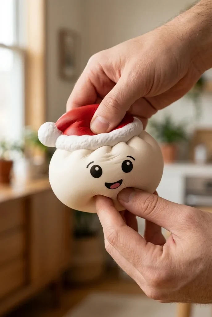 White Christmas Hat Dumpling Squishy mid-squish