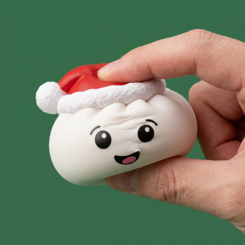 White Christmas Hat Dumpling Squishy being squeezed, soft slow-rise foam
