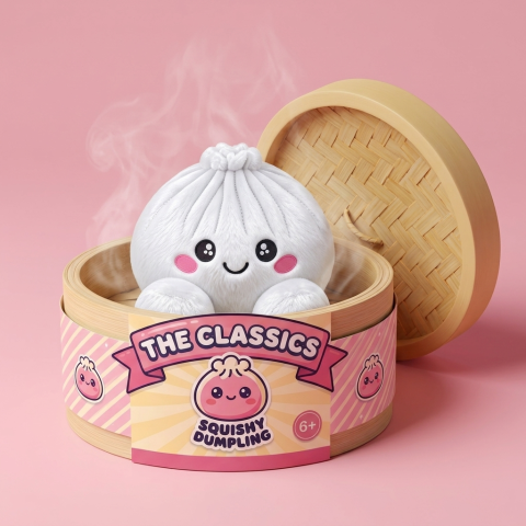 Marshmallow White Dumpling Squishy Plush in its bamboo steamer box