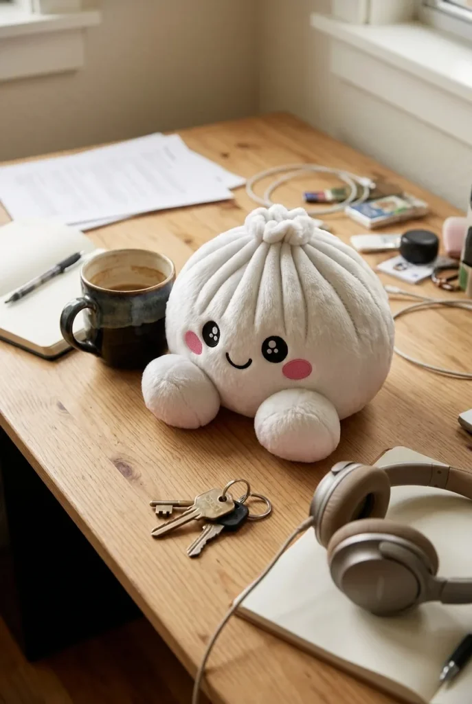 Marshmallow White Dumpling Squishy Plush on the desk