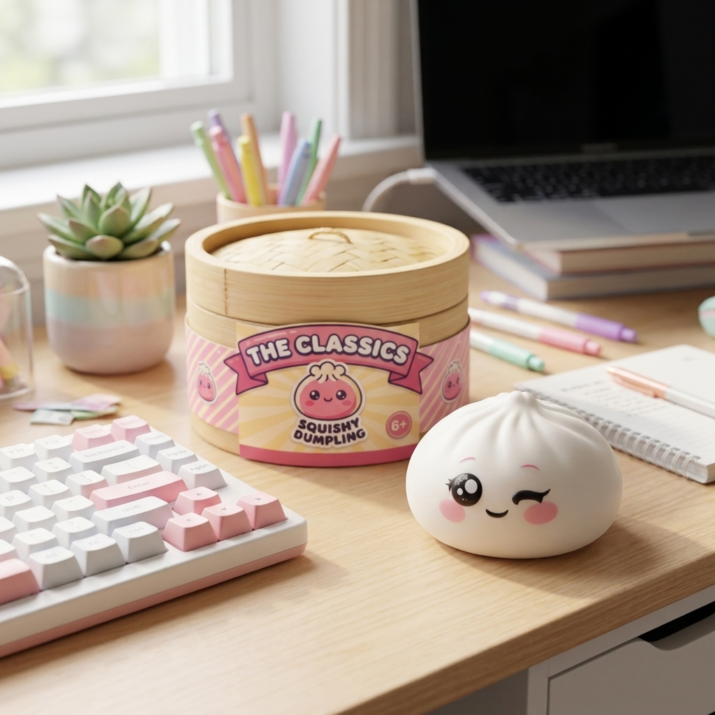 White Wink Dumpling Squishy in its kawaii setting