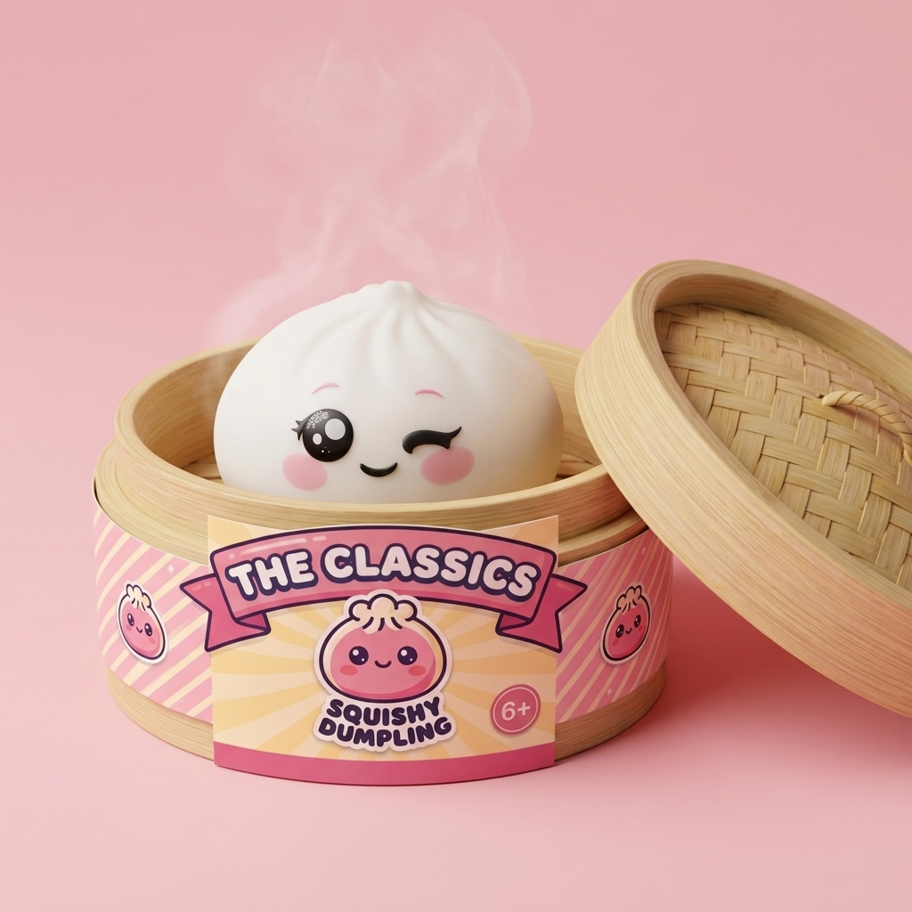White Wink Dumpling Squishy in its bamboo steamer box