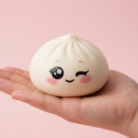 White Wink Dumpling Squishy held in hand, actual size