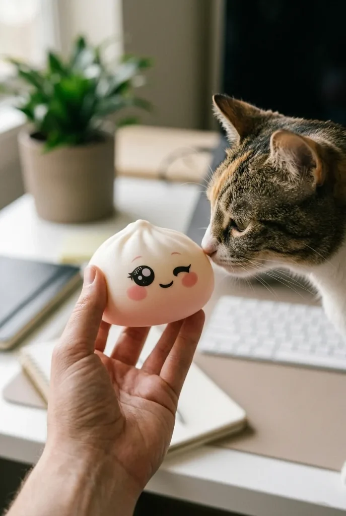 White Wink Dumpling Squishy with a plush friend