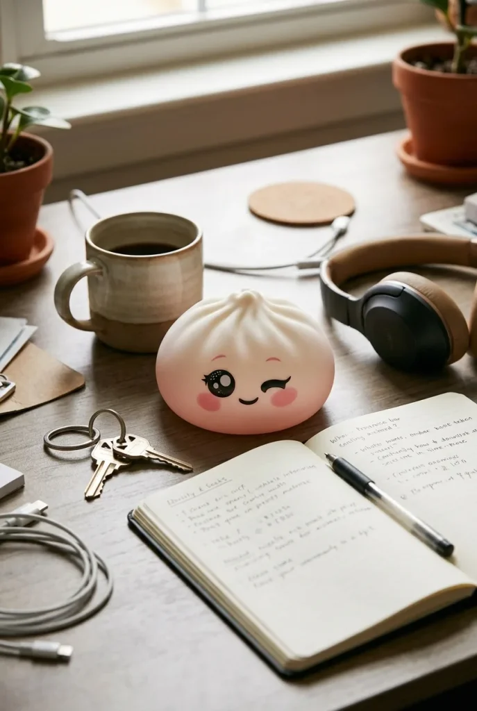 White Wink Dumpling Squishy on the desk