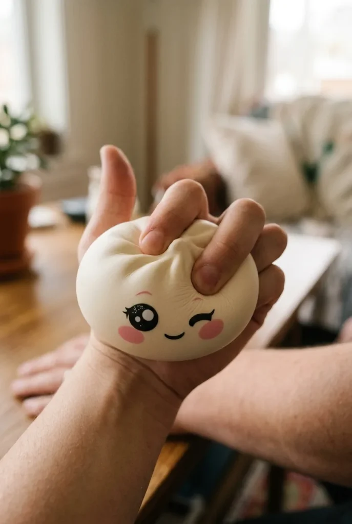 White Wink Dumpling Squishy mid-squish