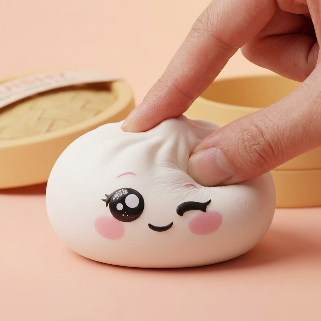 White Wink Dumpling Squishy being squeezed, soft slow-rise foam