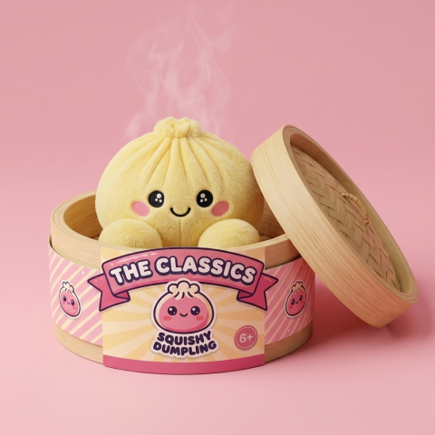 Lemon Yellow Dumpling Squishy in its bamboo steamer box